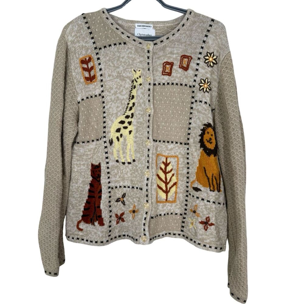 Vtg Christopher Banks Cat Cardigan Sz L Artsy Art Teacher Eclectic Animal Knit